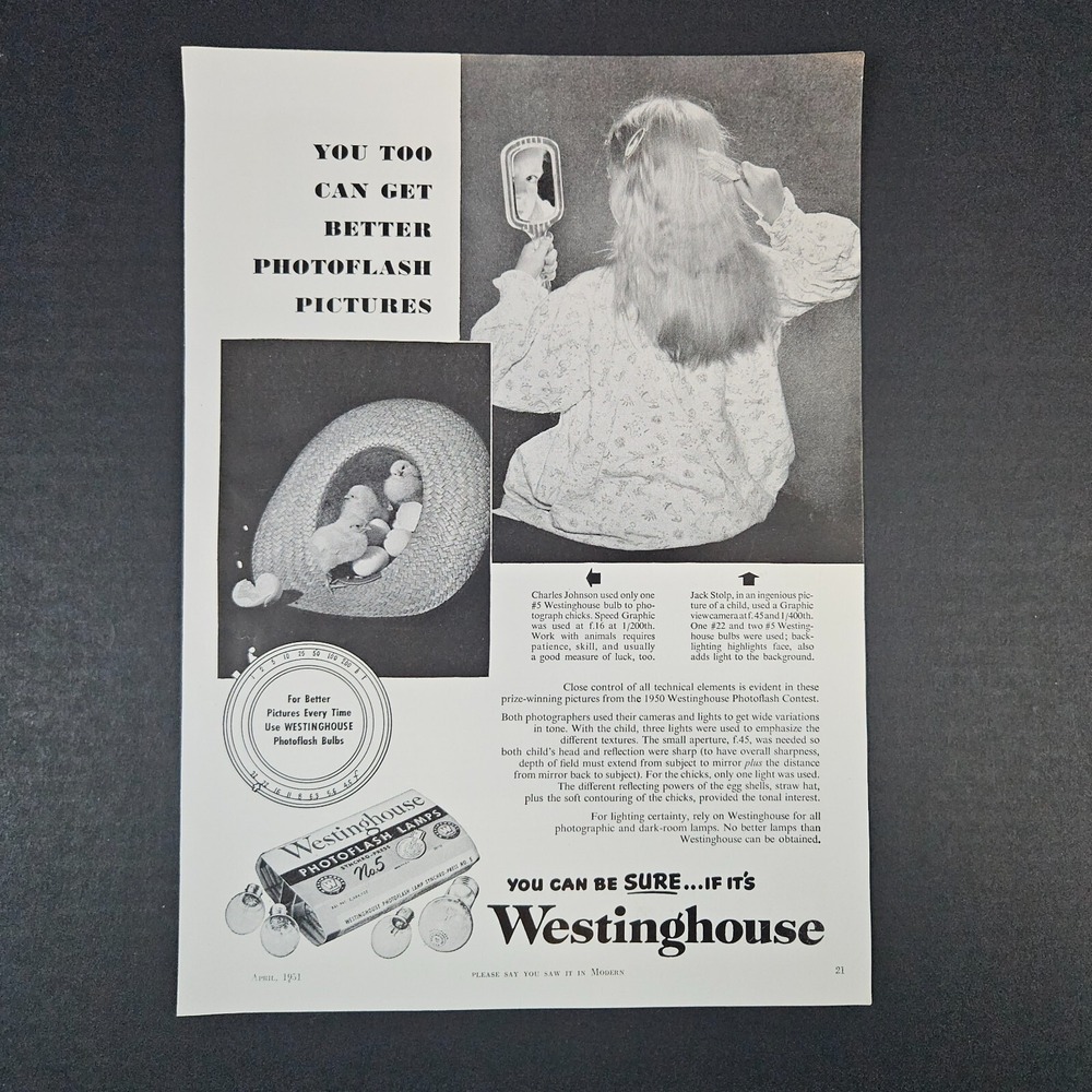 1951 Westinghouse Photoflash Bulbs Vintage Print Ad Photography Easter Chicks‎